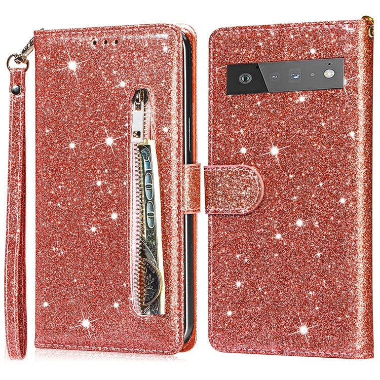 Glitter Sequins Stylish Anti-fall Magnetic Clasp Zipper Pocket Flip Leather Phone Cover with Wallet and Stand for Google Pixel 6 Pro - Rose Gold