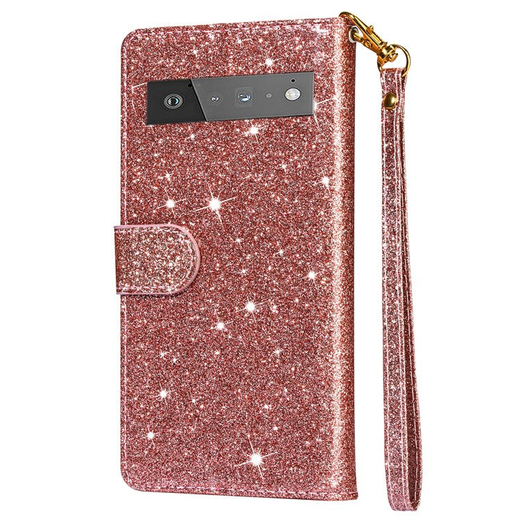 Glitter Sequins Stylish Anti-fall Magnetic Clasp Zipper Pocket Flip Leather Phone Cover with Wallet and Stand for Google Pixel 6 Pro - Rose Gold
