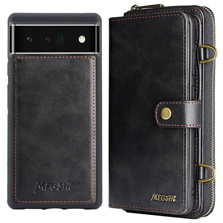 MEGSHI 020 Series Magnetic Detachable Design Shockproof PU Leather TPU Wallet Cover Scratch-resistant Shoulder Bag for Google Pixel 6 Pro - Black