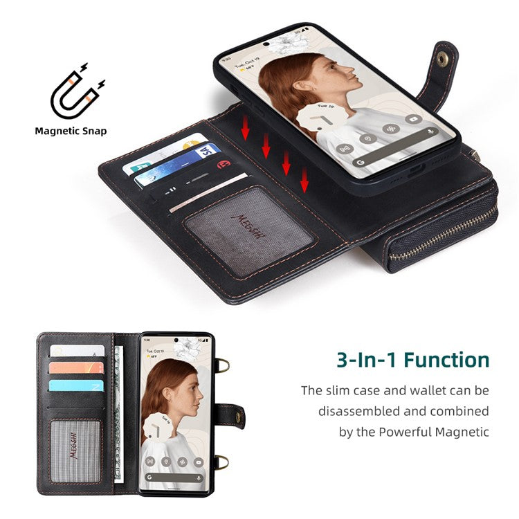MEGSHI 020 Series Magnetic Detachable Design Shockproof PU Leather TPU Wallet Cover Scratch-resistant Shoulder Bag for Google Pixel 6 Pro - Black