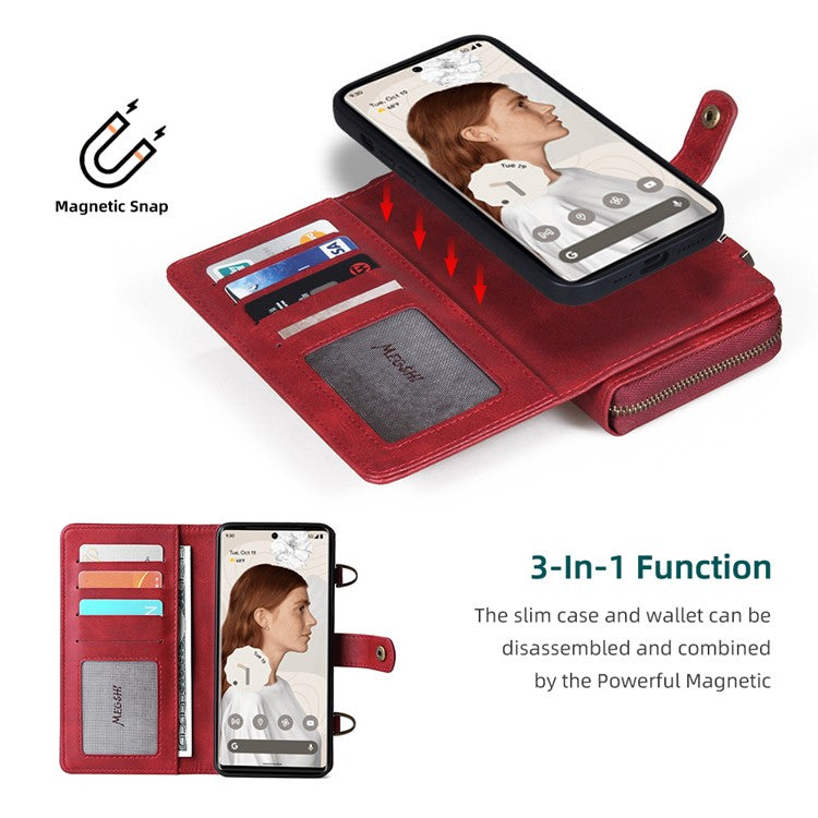 MEGSHI 020 Series Wallet Magnetic Detachable Design Shockproof PU Leather TPU Phone Cover Shoulder Bag for Google Pixel 6 - Red