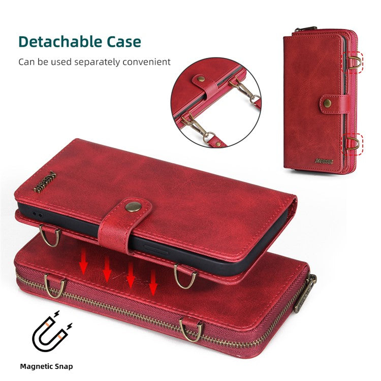 MEGSHI 020 Series Wallet Magnetic Detachable Design Shockproof PU Leather TPU Phone Cover Shoulder Bag for Google Pixel 6 - Red