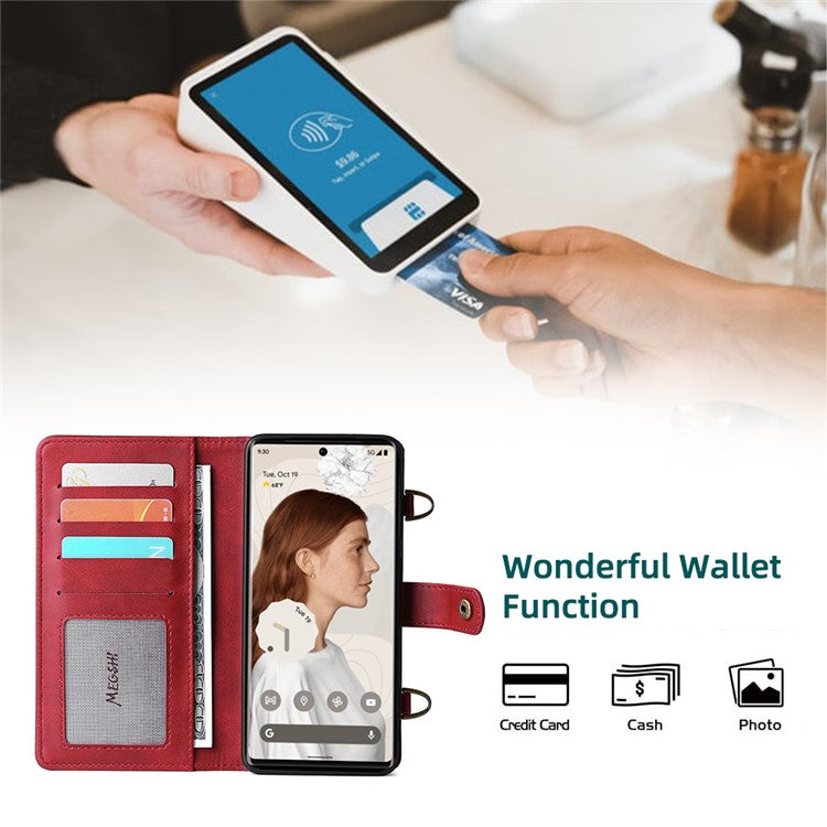 MEGSHI 020 Series Wallet Magnetic Detachable Design Shockproof PU Leather TPU Phone Cover Shoulder Bag for Google Pixel 6 - Red