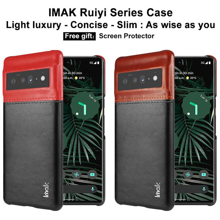 IMAK Ruiyi Series Bi-Color Precise Cutout Anti-Scratch PU Leather Coated PC Phone Cover Shell with Screen Protector for Google Pixel 6 Pro - Brown/Black