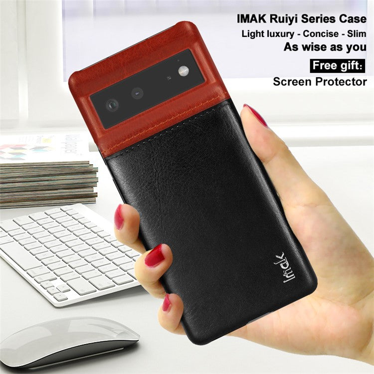 IMAK Ruiyi Series Bi-Color Anti-Scratch Slim PU Leather Coated PC Phone Case Shell with Screen Protector for Google Pixel 6 - Brown/Black