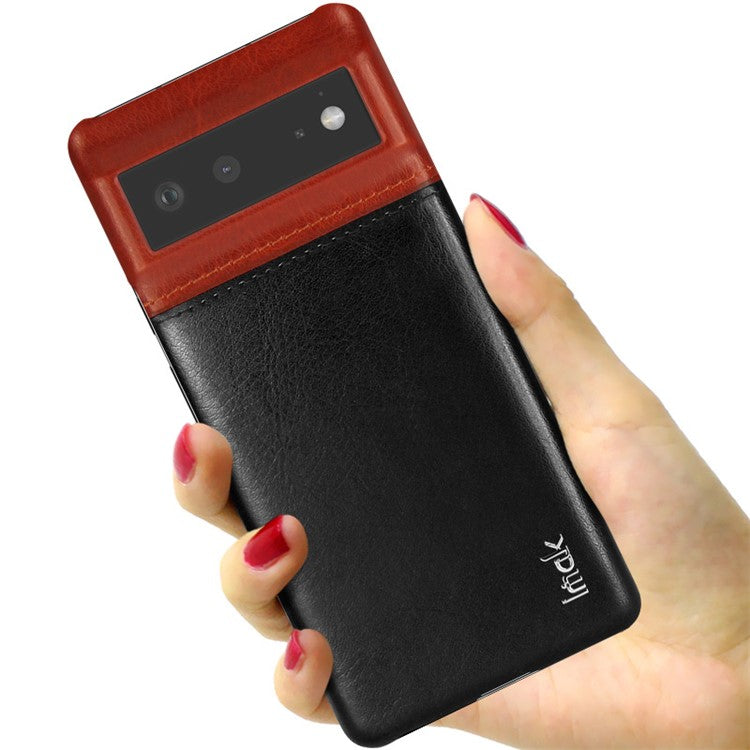 IMAK Ruiyi Series Bi-Color Anti-Scratch Slim PU Leather Coated PC Phone Case Shell with Screen Protector for Google Pixel 6 - Brown/Black