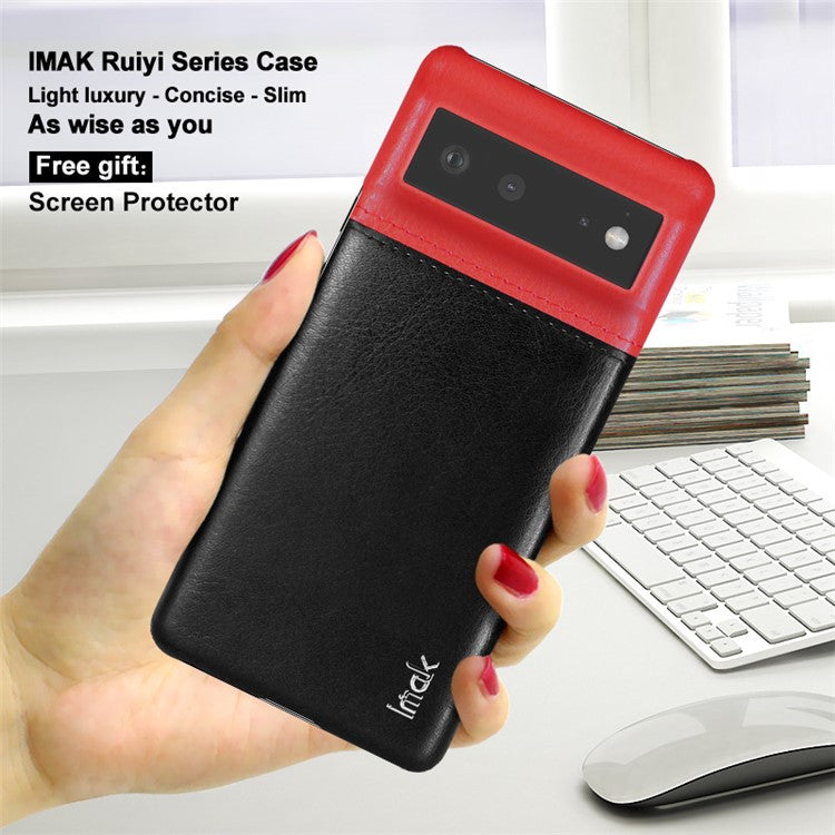 IMAK Ruiyi Series Bi-Color Anti-Scratch Slim PU Leather Coated PC Phone Case Shell with Screen Protector for Google Pixel 6 - Red/Black