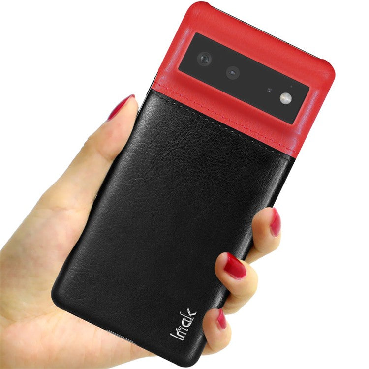 IMAK Ruiyi Series Bi-Color Anti-Scratch Slim PU Leather Coated PC Phone Case Shell with Screen Protector for Google Pixel 6 - Red/Black