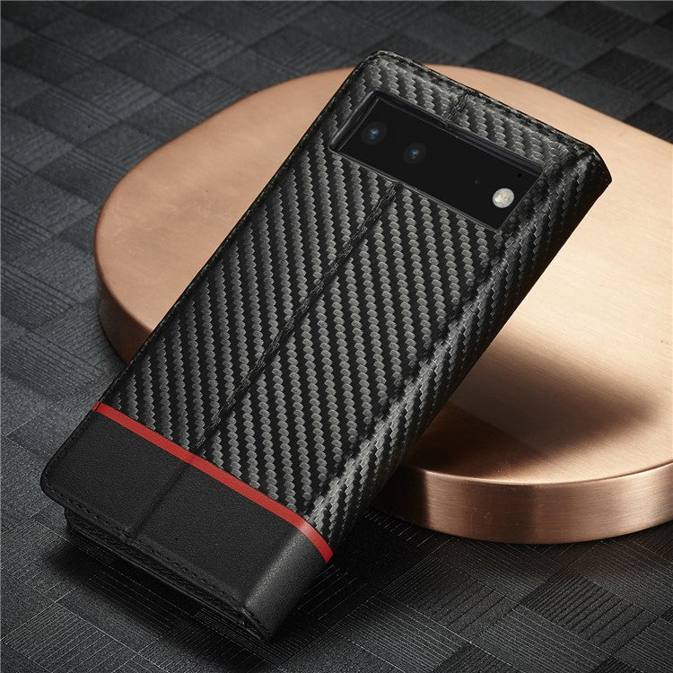 LC.IMEEKE Carbon Fiber Texture Wallet Design Scratch-resistant Phone Case Shell with Stand for Google Pixel 6 - Horizontal Stripe