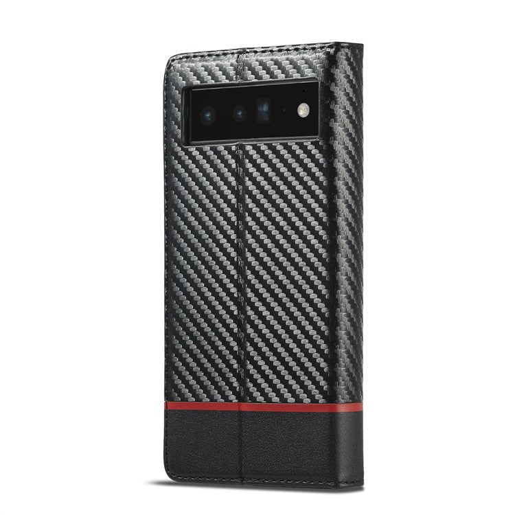 LC.IMEEKE Carbon Fiber Texture Wallet Design Auto-absorbed Magnetic Closing Phone Case Cover with Stand for Google Pixel 6 Pro - Horizontal Stripe