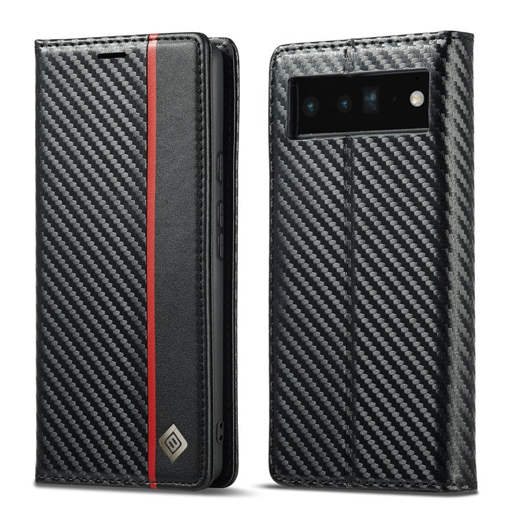 LC.IMEEKE Carbon Fiber Texture Wallet Design Auto-absorbed Magnetic Closing Phone Case Cover with Stand for Google Pixel 6 Pro - Vertical Stripe