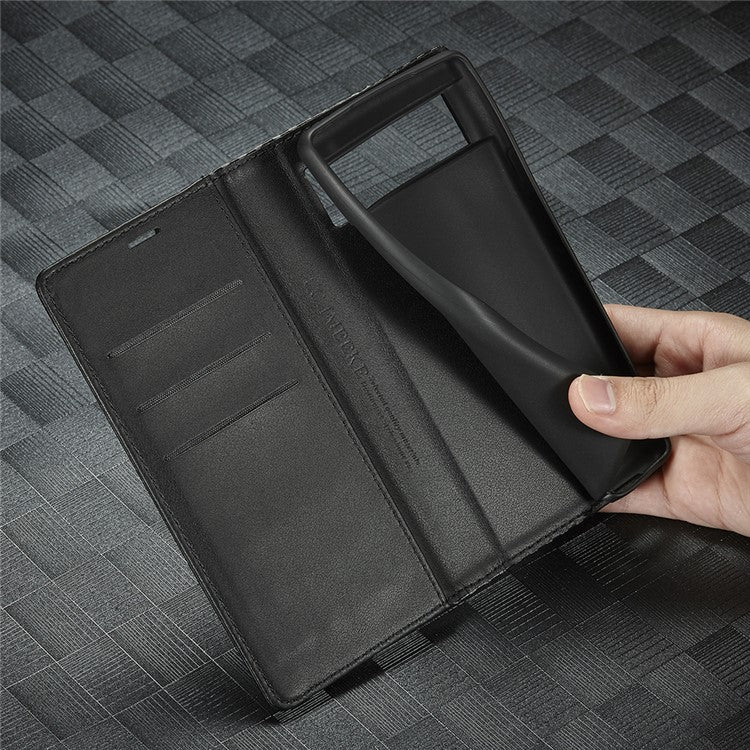 LC.IMEEKE Carbon Fiber Texture Wallet Design Auto-absorbed Magnetic Closing Phone Case Cover with Stand for Google Pixel 6 Pro - Vertical Stripe