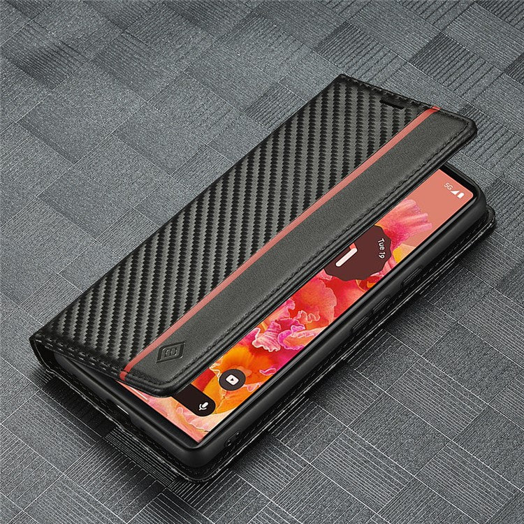 LC.IMEEKE Carbon Fiber Texture Wallet Design Auto-absorbed Magnetic Closing Phone Case Cover with Stand for Google Pixel 6 Pro - Vertical Stripe