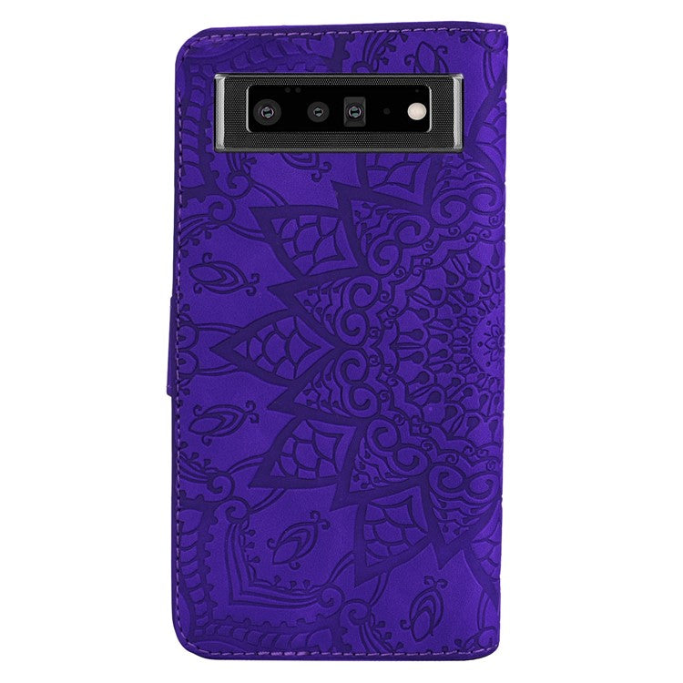 Imprint Flower Phone Cover Well-protected Drop-proof Wallet Design Leather Cover with Stand for Google Pixel 6 - Purple
