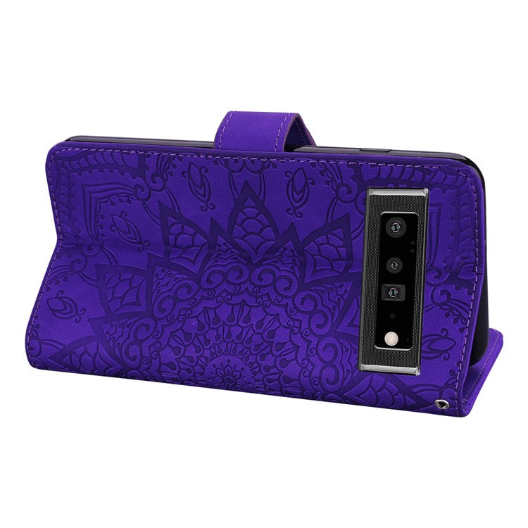 Imprint Flower Phone Cover Well-protected Drop-proof Wallet Design Leather Cover with Stand for Google Pixel 6 - Purple