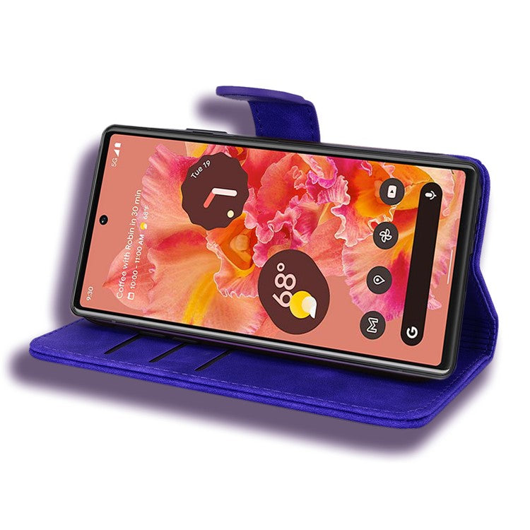 Imprint Flower Phone Cover Well-protected Drop-proof Wallet Design Leather Cover with Stand for Google Pixel 6 - Purple