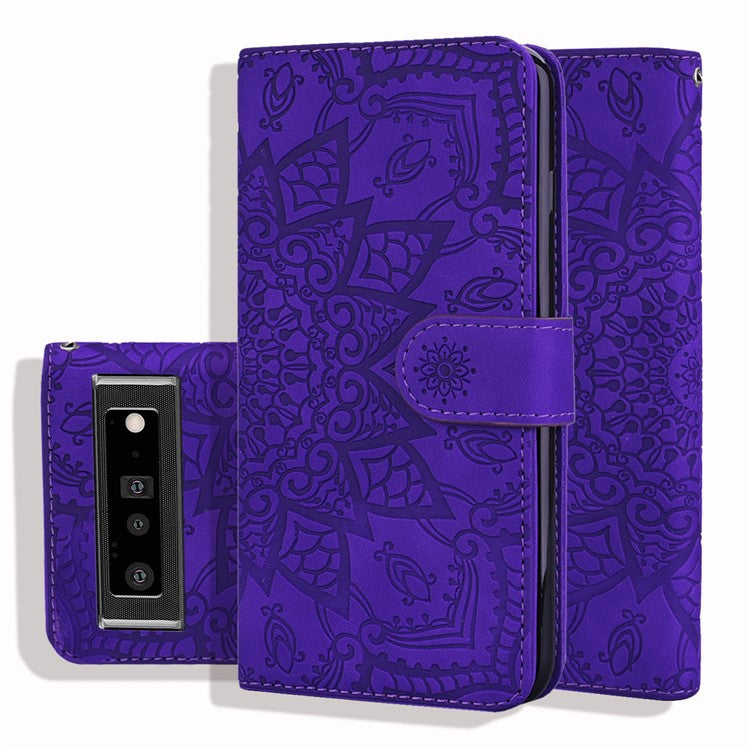 Imprint Flower Phone Cover Well-protected Drop-proof Wallet Design Leather Cover with Stand for Google Pixel 6 - Purple