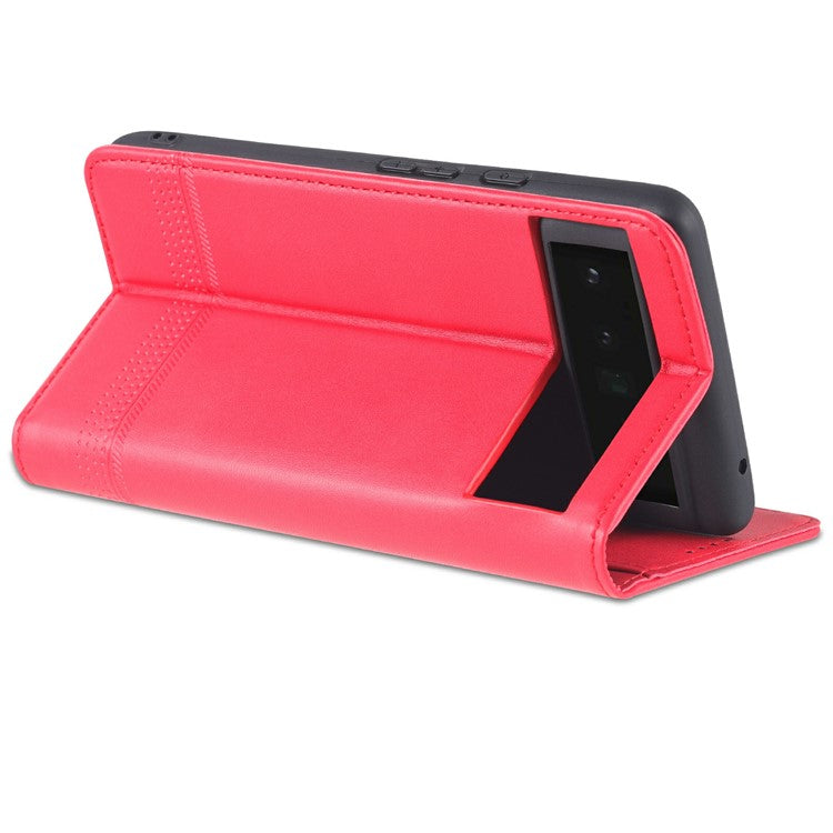 AZNS Practical Flip Phone Cover Wallet Design Durable PU Leather Shockproof Phone Case for Google Pixel 6 - Red