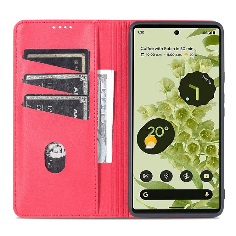 AZNS Practical Flip Phone Cover Wallet Design Durable PU Leather Shockproof Phone Case for Google Pixel 6 - Red