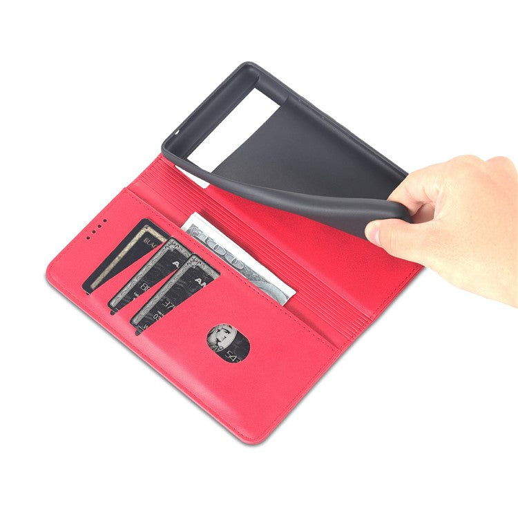 AZNS Practical Flip Phone Cover Wallet Design Durable PU Leather Shockproof Phone Case for Google Pixel 6 - Red
