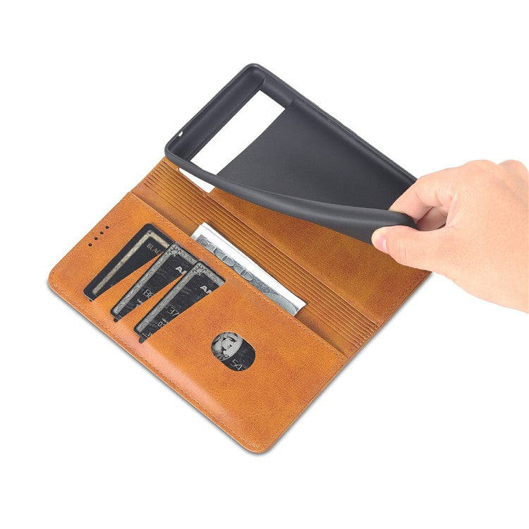 AZNS Practical Flip Phone Cover Wallet Design Durable PU Leather Shockproof Phone Case for Google Pixel 6 - Brown