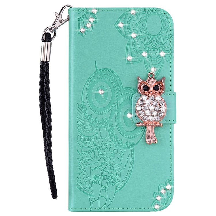 Bling Rhinestone Decor Imprinted Owl Flower Pattern Leather Case Shell with Stand Wallet for Google Pixel 6 - Cyan