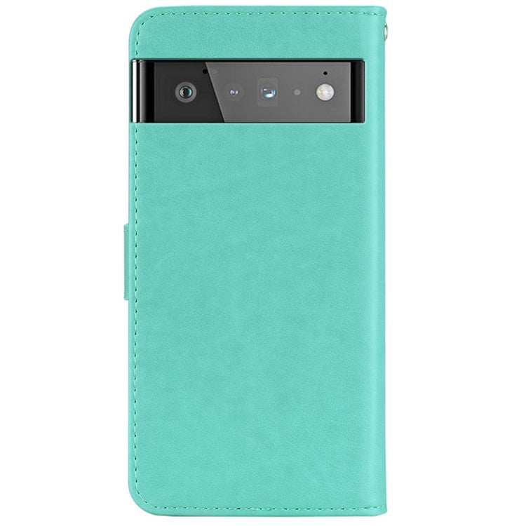 Bling Rhinestone Decor Imprinted Owl Flower Pattern Leather Case Shell with Stand Wallet for Google Pixel 6 - Cyan