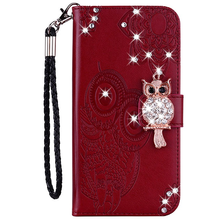 Bling Rhinestone Decor Imprinted Owl Flower Pattern Leather Case Shell with Stand Wallet for Google Pixel 6 - Red