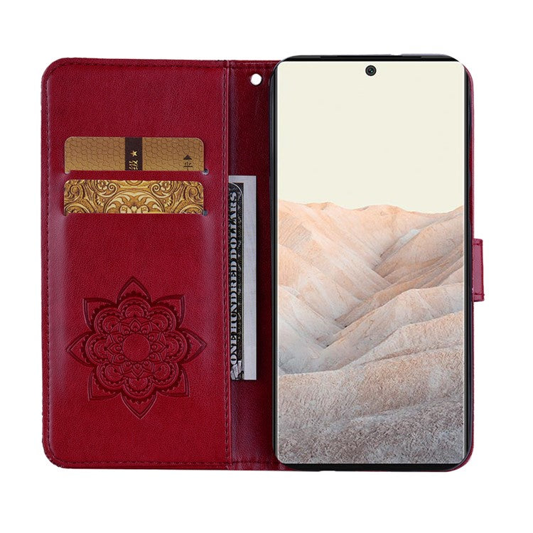 Bling Rhinestone Decor Imprinted Owl Flower Pattern Leather Case Shell with Stand Wallet for Google Pixel 6 - Red