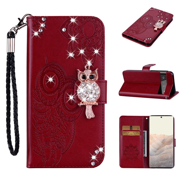 Bling Rhinestone Decor Imprinted Owl Flower Pattern Leather Case Shell with Stand Wallet for Google Pixel 6 - Red