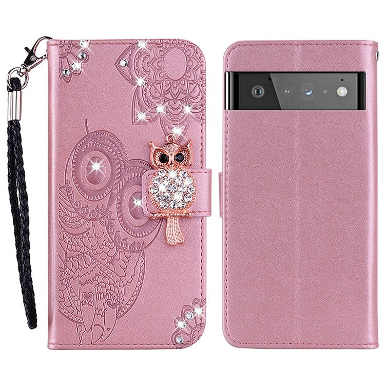 Bling Rhinestone Decor Imprinted Owl Flower Pattern Leather Case Shell with Stand Wallet for Google Pixel 6 - Rose Gold