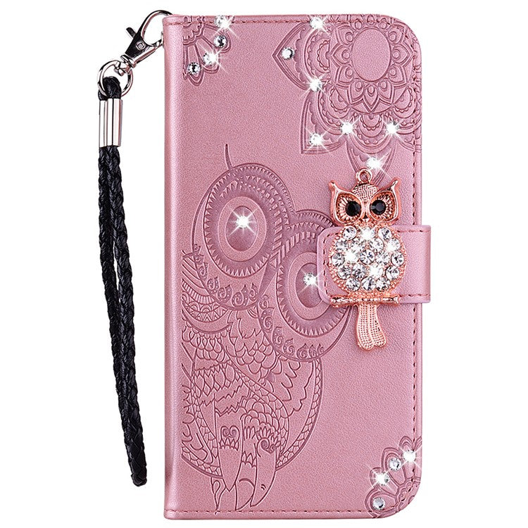 Bling Rhinestone Decor Imprinted Owl Flower Pattern Leather Case Shell with Stand Wallet for Google Pixel 6 - Rose Gold