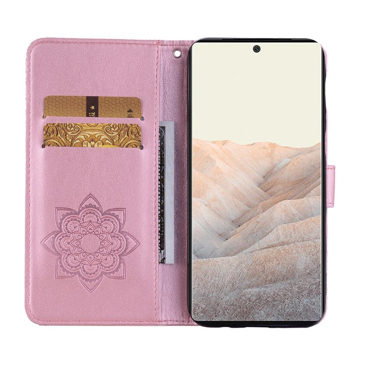Bling Rhinestone Decor Imprinted Owl Flower Pattern Leather Case Shell with Stand Wallet for Google Pixel 6 - Rose Gold