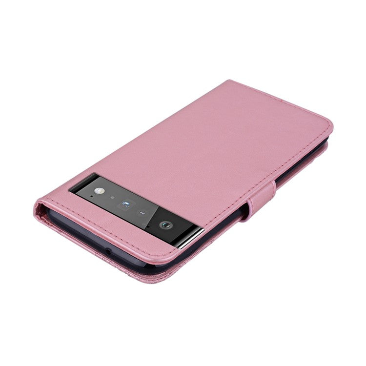 Bling Rhinestone Decor Imprinted Owl Flower Pattern Leather Case Shell with Stand Wallet for Google Pixel 6 - Rose Gold