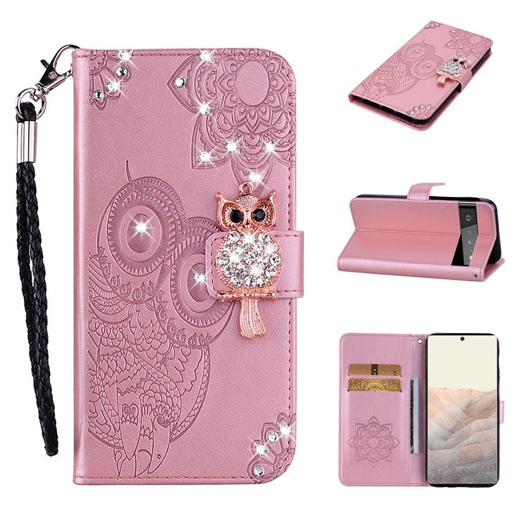 Bling Rhinestone Decor Imprinted Owl Flower Pattern Leather Case Shell with Stand Wallet for Google Pixel 6 - Rose Gold