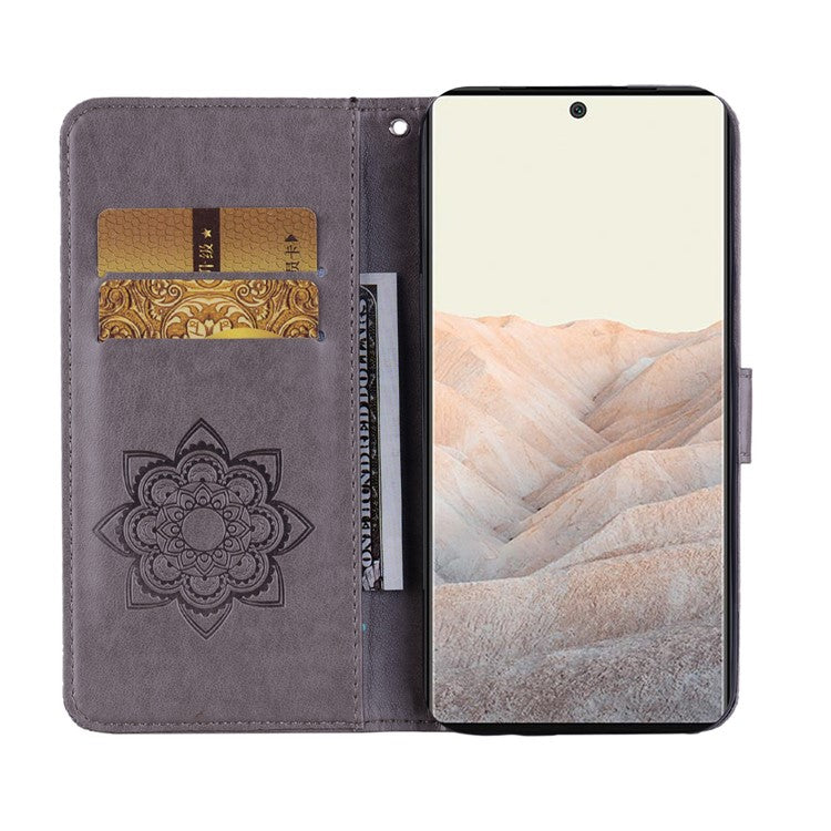 Bling Rhinestone Decor Imprinted Owl Flower Pattern Leather Case Shell with Stand Wallet for Google Pixel 6 - Grey