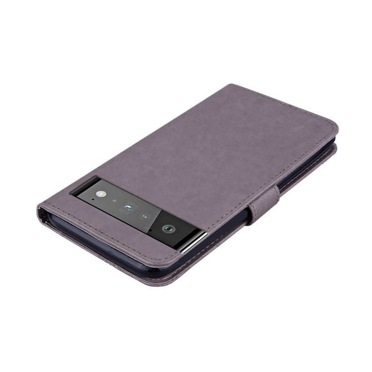 Bling Rhinestone Decor Imprinted Owl Flower Pattern Leather Case Shell with Stand Wallet for Google Pixel 6 - Grey