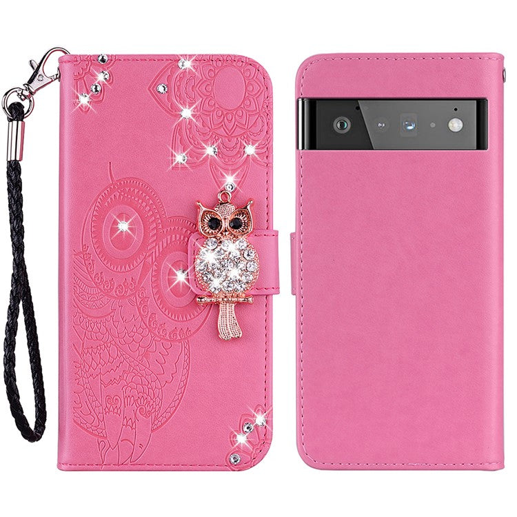 Bling Rhinestone Decor Imprinted Owl Flower Pattern Leather Case Shell with Stand Wallet for Google Pixel 6 - Rose