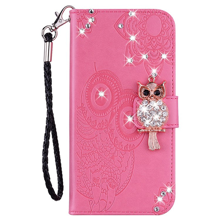 Bling Rhinestone Decor Imprinted Owl Flower Pattern Leather Case Shell with Stand Wallet for Google Pixel 6 - Rose