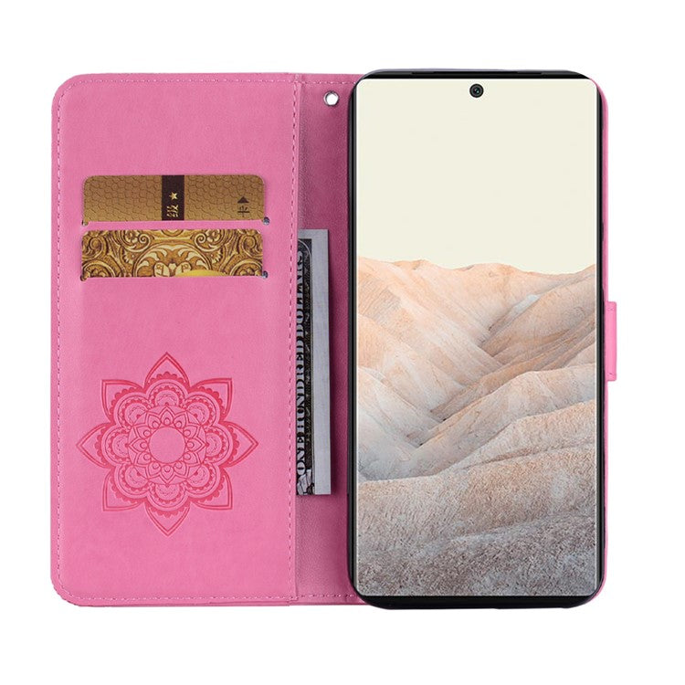 Bling Rhinestone Decor Imprinted Owl Flower Pattern Leather Case Shell with Stand Wallet for Google Pixel 6 - Rose
