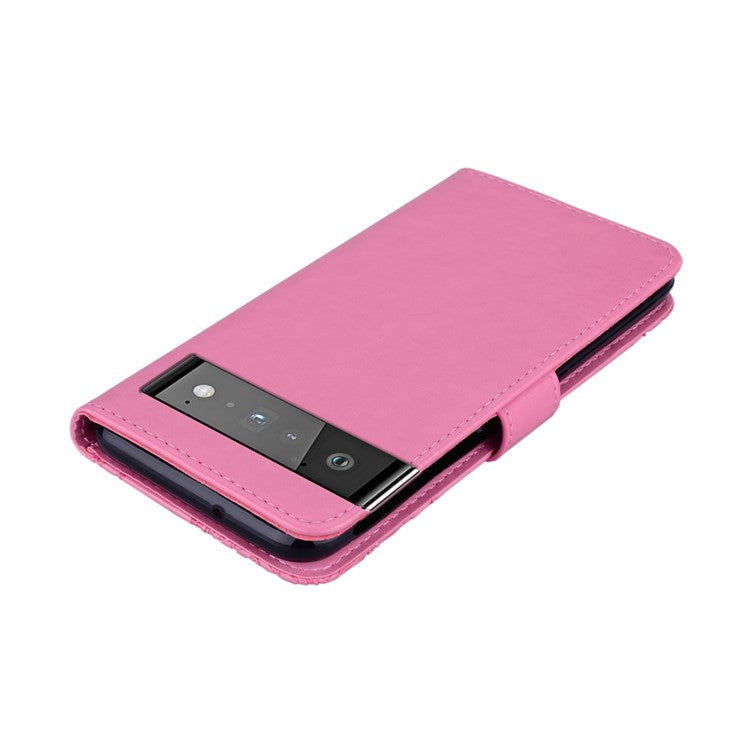 Bling Rhinestone Decor Imprinted Owl Flower Pattern Leather Case Shell with Stand Wallet for Google Pixel 6 - Rose