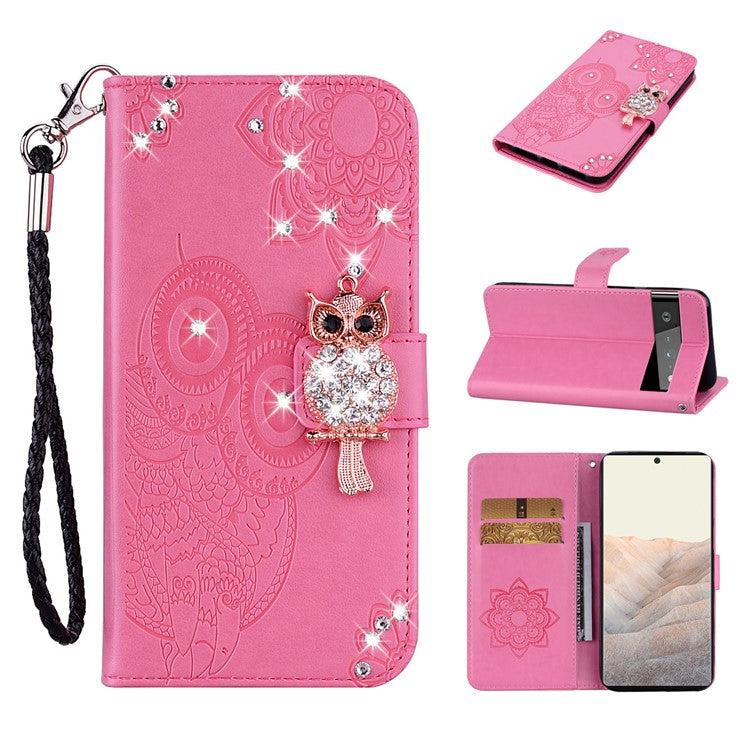 Bling Rhinestone Decor Imprinted Owl Flower Pattern Leather Case Shell with Stand Wallet for Google Pixel 6 - Rose