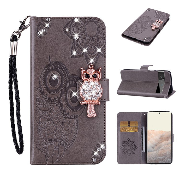 Flip Phone Case Bling Rhinestone Decor Imprinted Owl Flower Pattern Leather Wallet Shell for Google Pixel 6 Pro - Grey