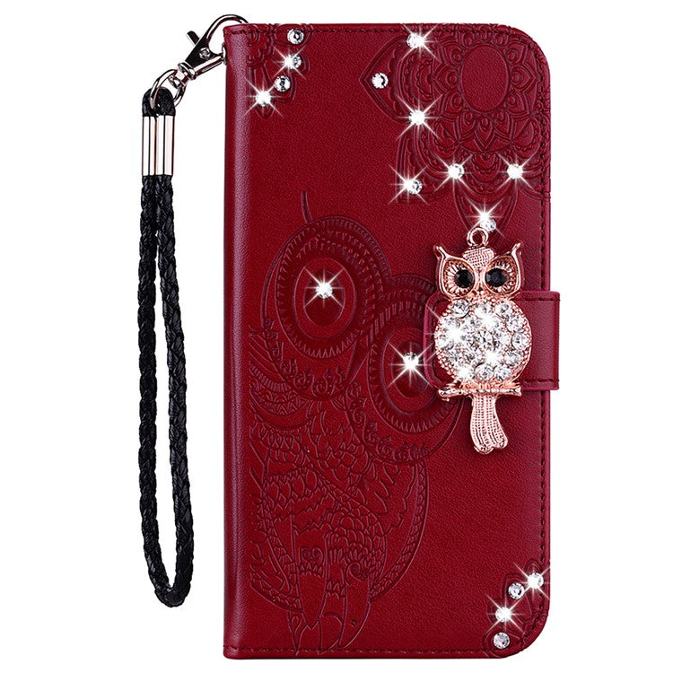 Flip Phone Case Bling Rhinestone Decor Imprinted Owl Flower Pattern Leather Wallet Shell for Google Pixel 6 Pro - Red