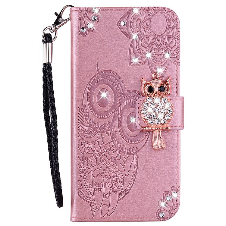 Flip Phone Case Bling Rhinestone Decor Imprinted Owl Flower Pattern Leather Wallet Shell for Google Pixel 6 Pro - Rose Gold