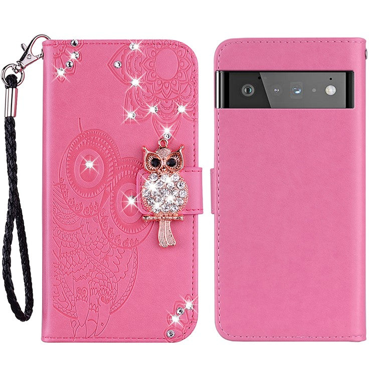 Flip Phone Case Bling Rhinestone Decor Imprinted Owl Flower Pattern Leather Wallet Shell for Google Pixel 6 Pro - Rose