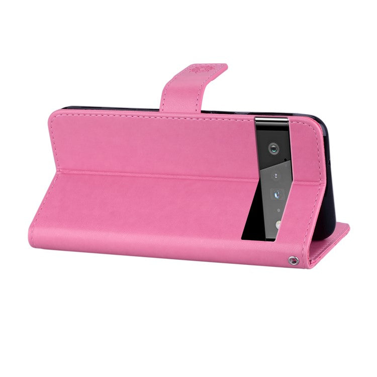 Flip Phone Case Bling Rhinestone Decor Imprinted Owl Flower Pattern Leather Wallet Shell for Google Pixel 6 Pro - Rose