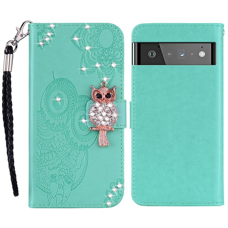 Flip Phone Case Bling Rhinestone Decor Imprinted Owl Flower Pattern Leather Wallet Shell for Google Pixel 6 Pro - Cyan