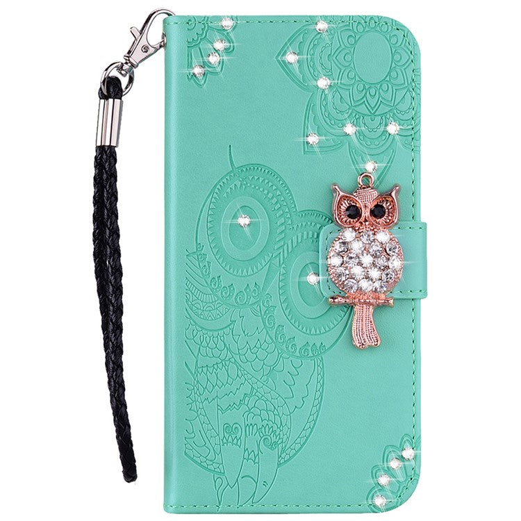 Flip Phone Case Bling Rhinestone Decor Imprinted Owl Flower Pattern Leather Wallet Shell for Google Pixel 6 Pro - Cyan