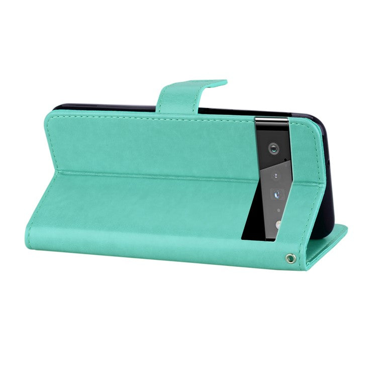 Flip Phone Case Bling Rhinestone Decor Imprinted Owl Flower Pattern Leather Wallet Shell for Google Pixel 6 Pro - Cyan